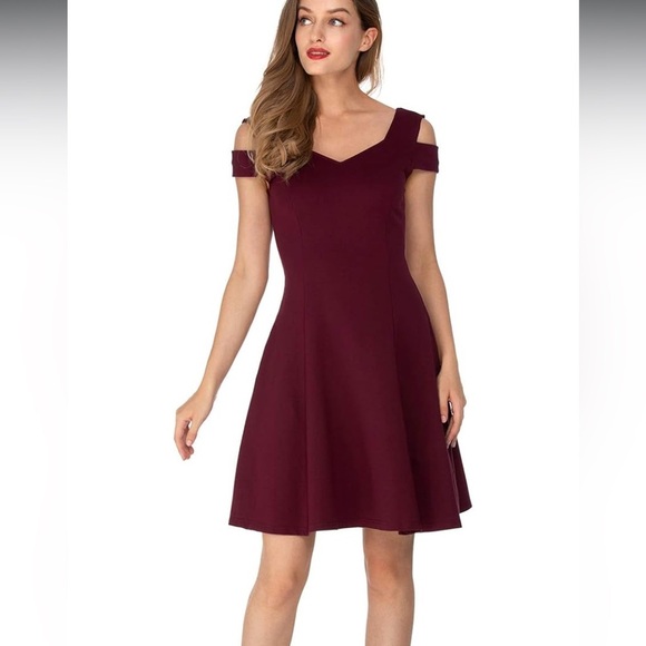 Insnova Burgundy Cold Shoulder A-Line Dress Romantic Fit & Flare Cocktail Party - Picture 6 of 13